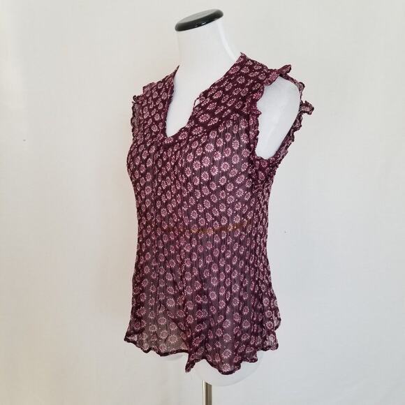 Lucky Brand Flutter Sleeve Burgundy Sheer Blouse S - Picture 2 of 7